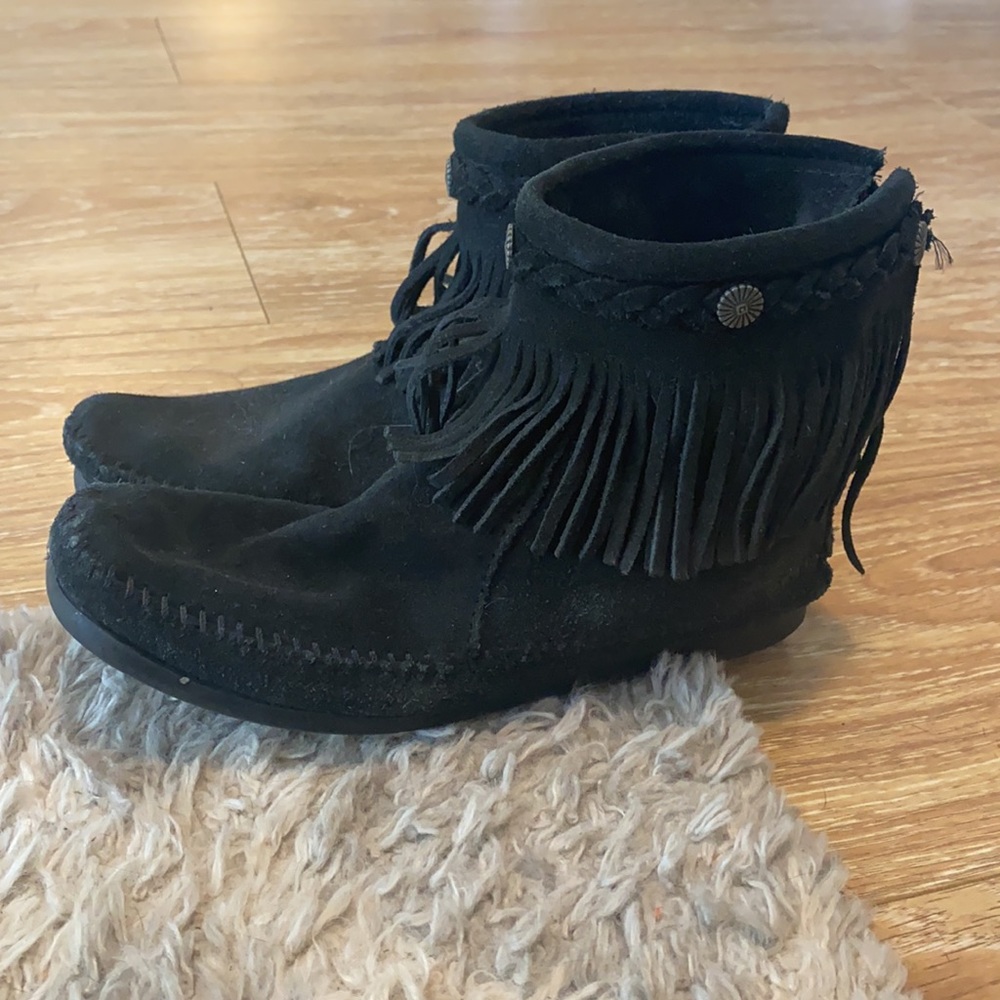 Minnetonka Black Suede Fringe Ankle Moccasins